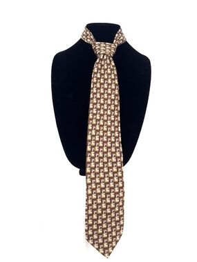 ✨Ferucci Vintage 100% Silk Geometric Pattern Tie Brown Tan Block Print Handmade✨